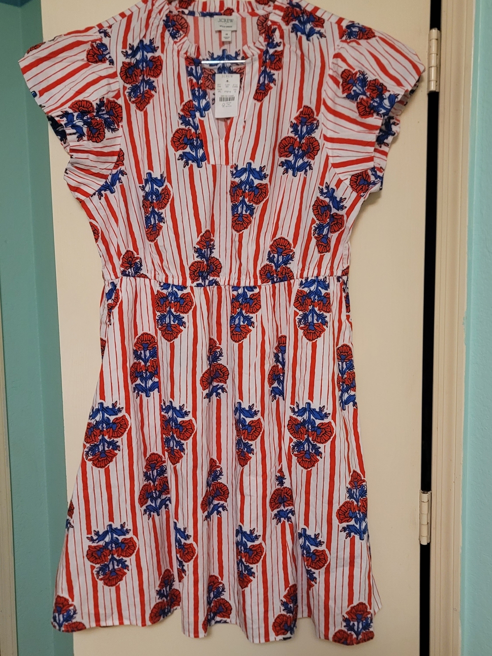 J. Crew White Dress with Red Stripes & Blue Floral Print Size 18 NWT